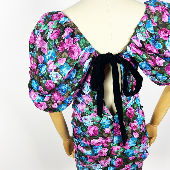 NWT For Love and Lemons Marley mini dress black floral puff sleeve Size Large - Picture 4 of 9